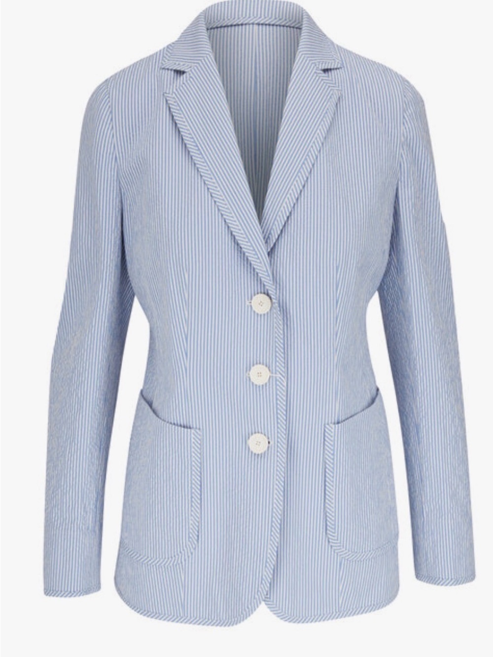 AKRIS PUNTO Cream & Blue Stripe Fitted Blazer Seersucker Size 6